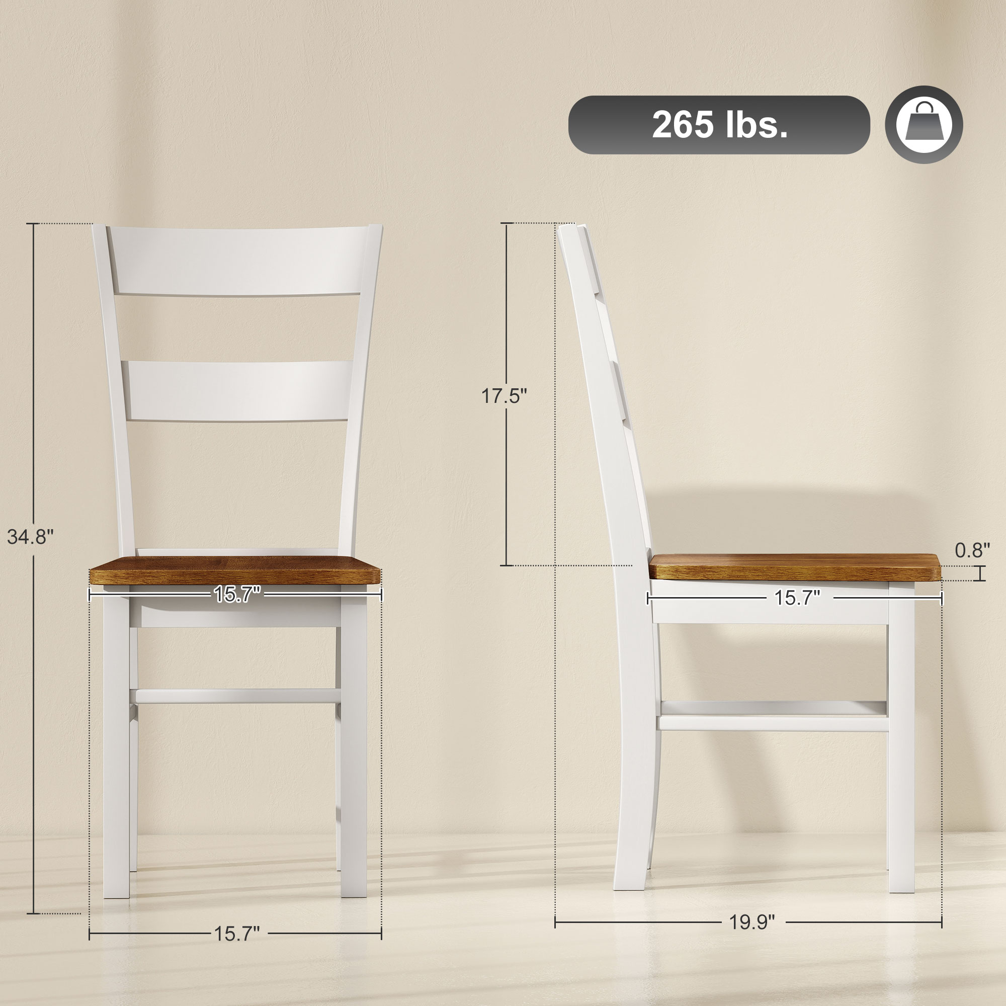 HOMCOM Dining Chairs, Set of 2 Rubber Wood Kitchen Chairs with Open Back, Farmhouse Dining Room Chairs, Light Gray