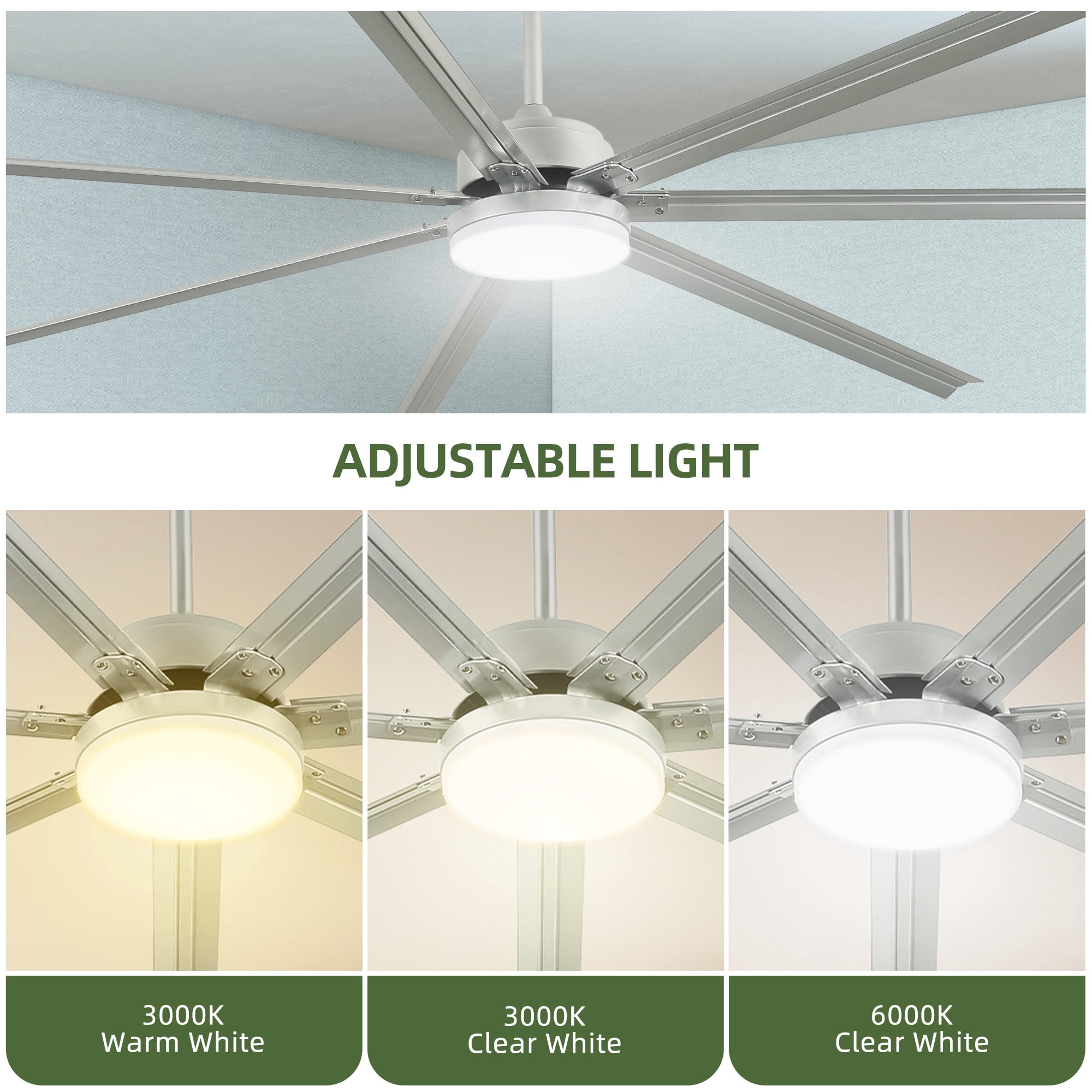 Uforic 96 inch Industrial Ceiling Fan with Lights and Remote Control – Quiet, High Airflow, Durable for Home & Commercial Use - Nickel