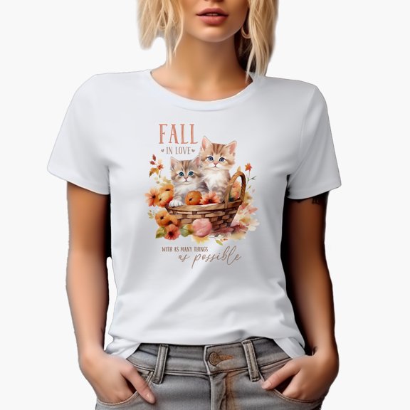 Fall in Love with as Many Things as Possible with Watercolor Kittens & Leaves Art Merch Gift, White T-Shirt, Small