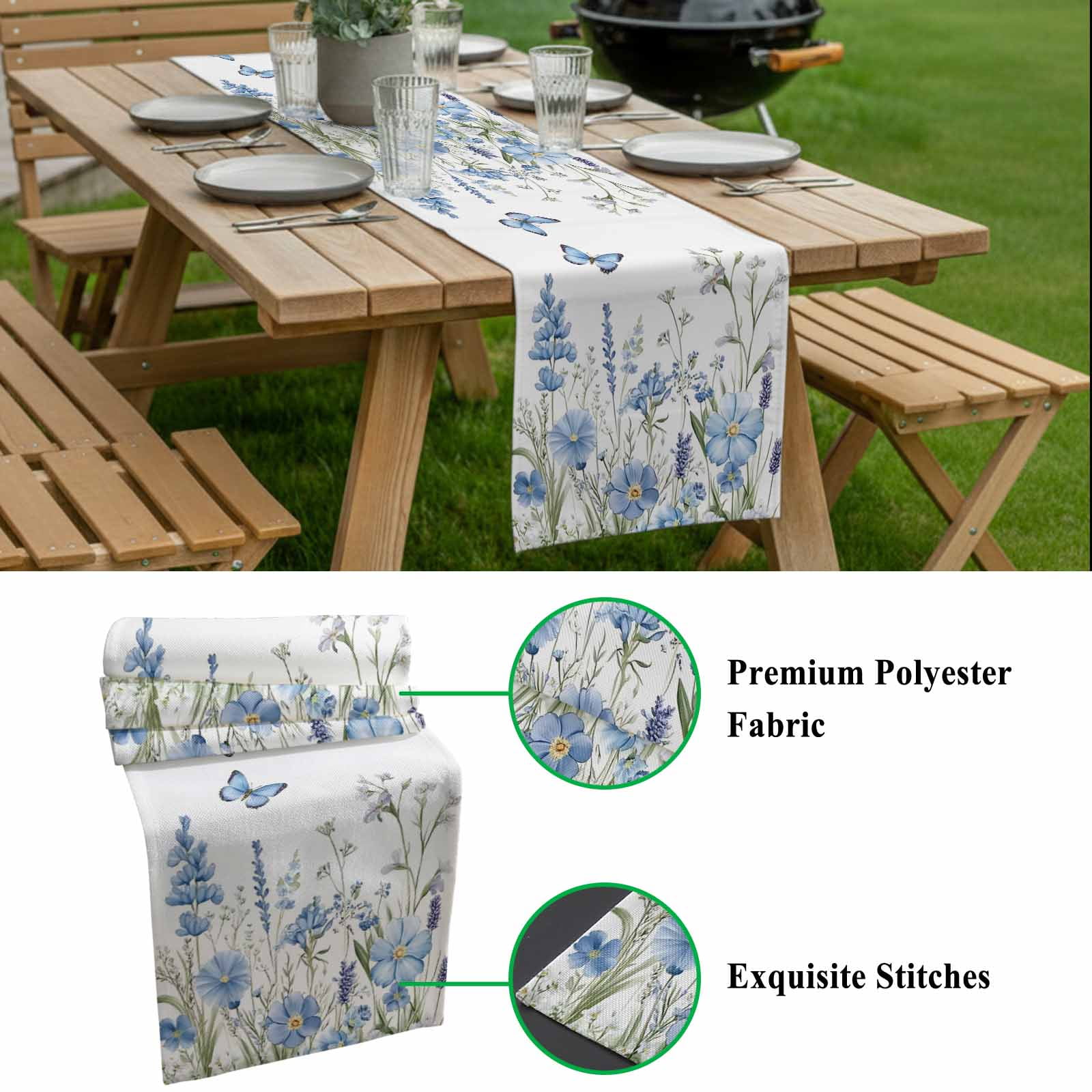 Floral Table Runner 13x120 inch Spring Blue Wildflowers Butterfly Botanical Scenery Cotton Linen Dining Table Runner Ideal for Dresser Kitchen Coffee Tables - Machine Washable