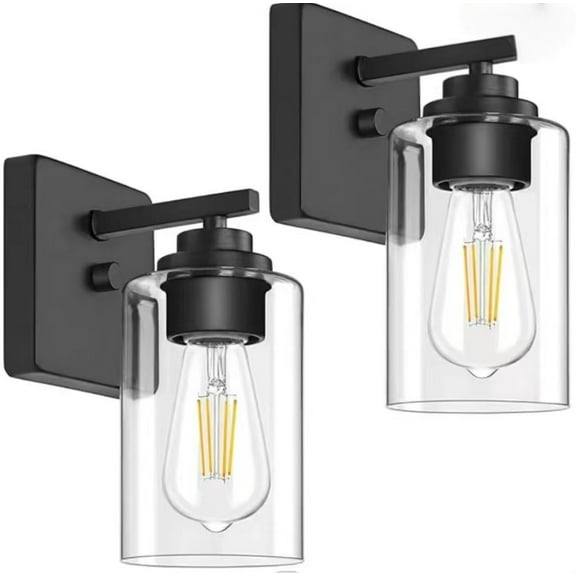 Set of 2 Wall Sconces for Bathroom, Modern Vanity Light Fixtures, Matte Black Wall Mount Lighting Lanterns, Farmhouse Wall Lights with Clear Glass Shade for Bedroom Living Room Mirror Hallway Kitchen