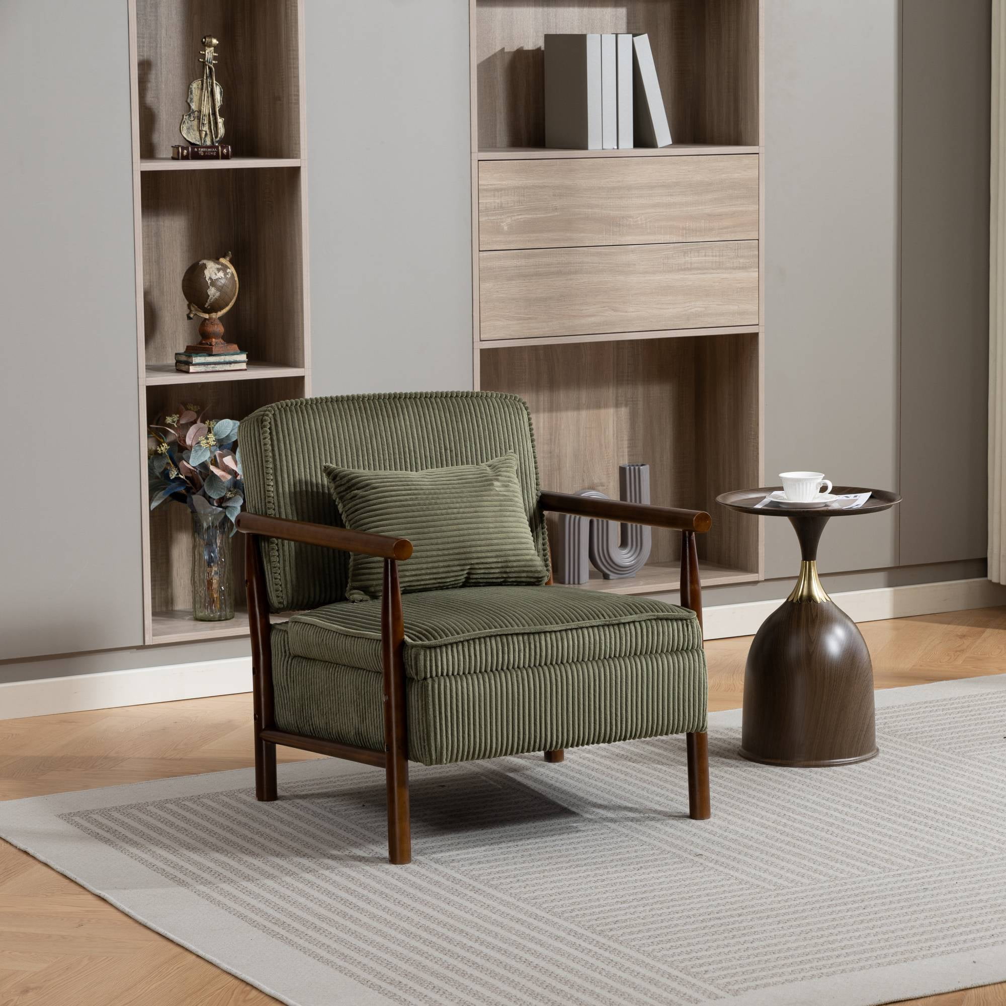 Mid-Century Accent Chair with Storage, Modern Comfy Reading Armchair with Lumbar Pillow for Living Room, Green