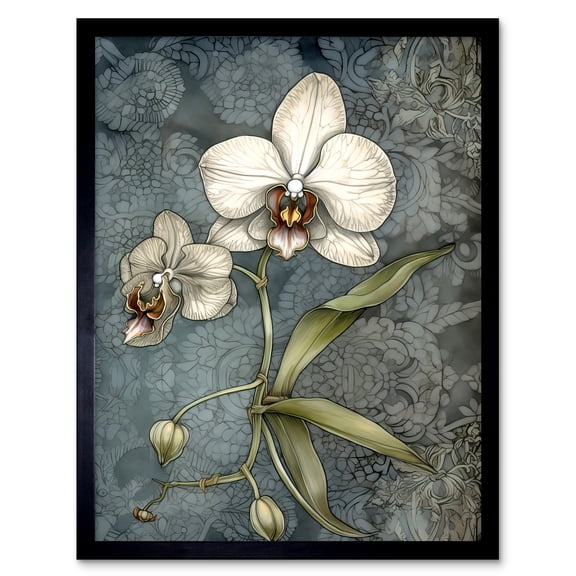 Orchid Flower Blooms Pastel Colour Art Nouveau Art Print Framed Poster Wall Decor 12x16 inch