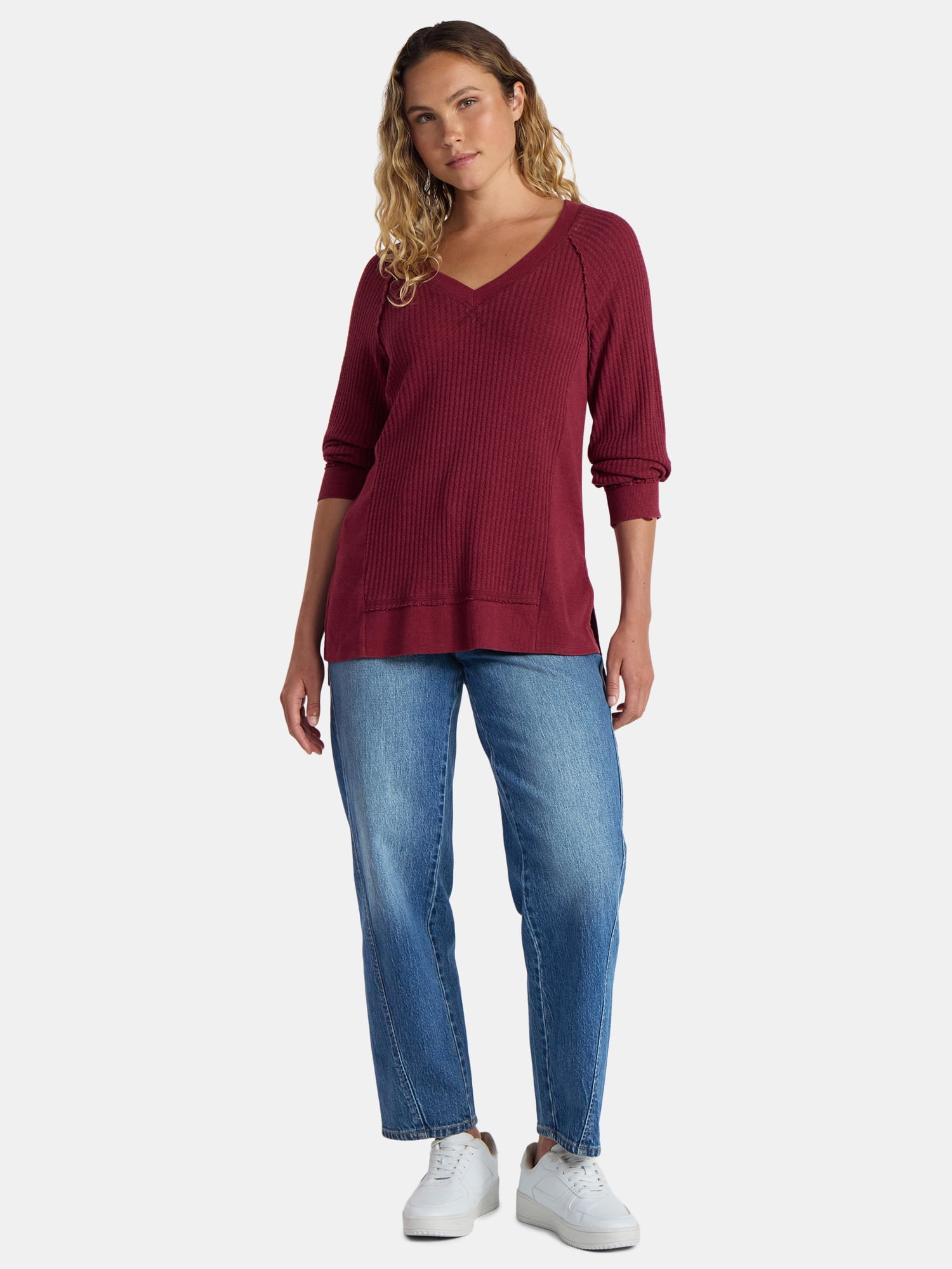 Time and Tru Women's and Women's Plus V Neck Tunic Sweatshirt with Long Sleeves, Sizes XS-4X