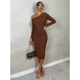 thumbnail image 3 of Brown One Shoulder Ruched Bodycon Midi Dress Long Sleeve, 3 of 30