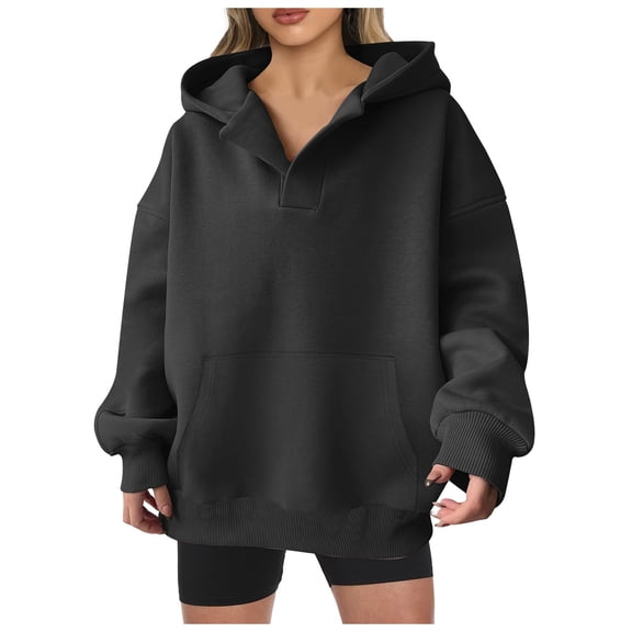 Women Fashion Solid Casual Neck Pocket Long Sleeve Hooded Sports Hoodie