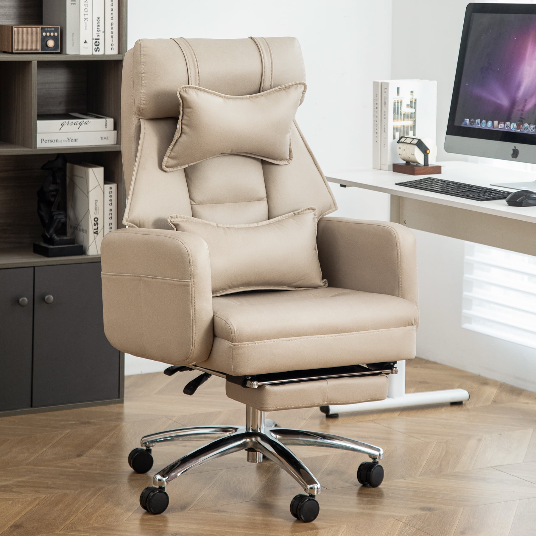 Aukfa Swivel Ergonomic Office Chair with Lumbar Support Headrest,155° Reclining Chair, Beige