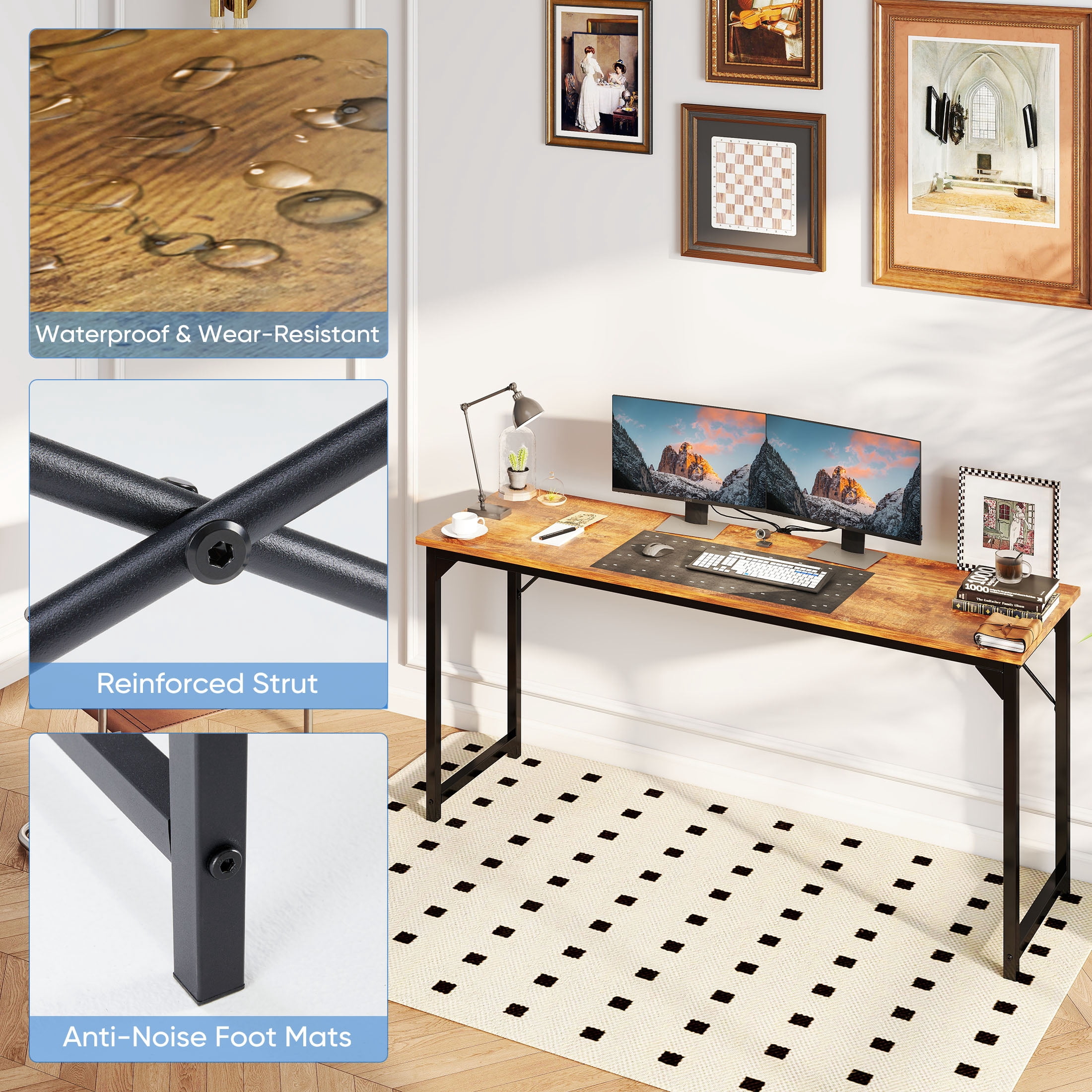 CONCETTA 63 Inch Computer Desk, Simple Office Desk Table for Gaming or Home Office, Writing Desk for Small Space, Rust
