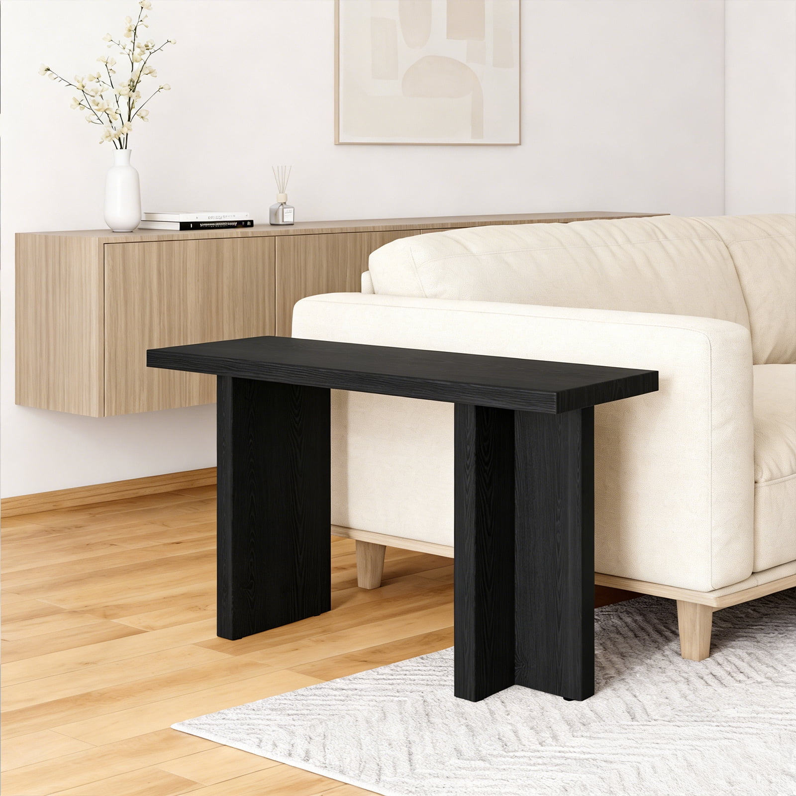42 Inch Narrow Entryway Console Table, Black Relief 3D Textured MDF Sofa Table with Sturdy T-Shaped Legs, Space Saving Hallway Accent Table for Living Room Foyer