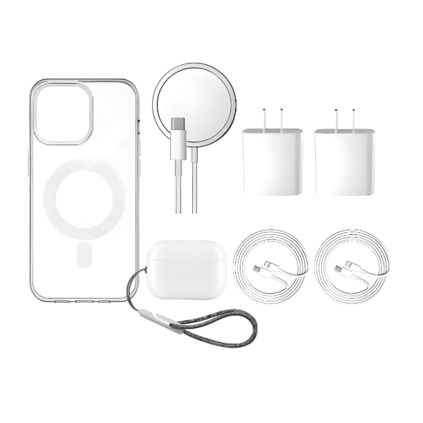 7kit Funda Para iPhone + Mica+ Audifono+ Cargador 20w Modelo Blanco Iphone 15ProMax