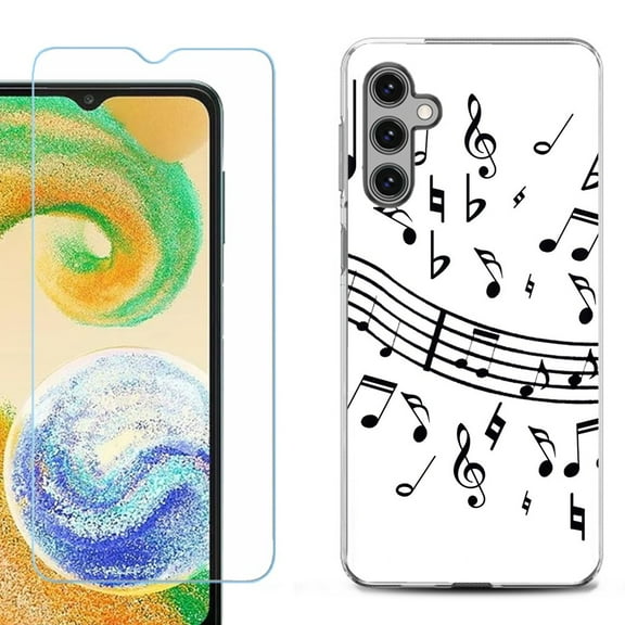 OneToughShield ® Compatible with Samsung Galaxy A15 5G, Shockproof Phone Case, with Tempered Glass Screen Protector - Music Notes / White