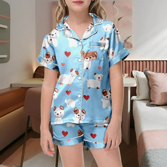 BOOMNY Girls 2 Peice Pajamas Sets Cartoon Graphic Short Sleeve Buttons Sleepwear Tops Shorts Pjs Set for Kids Cozy Loungewear Homewear