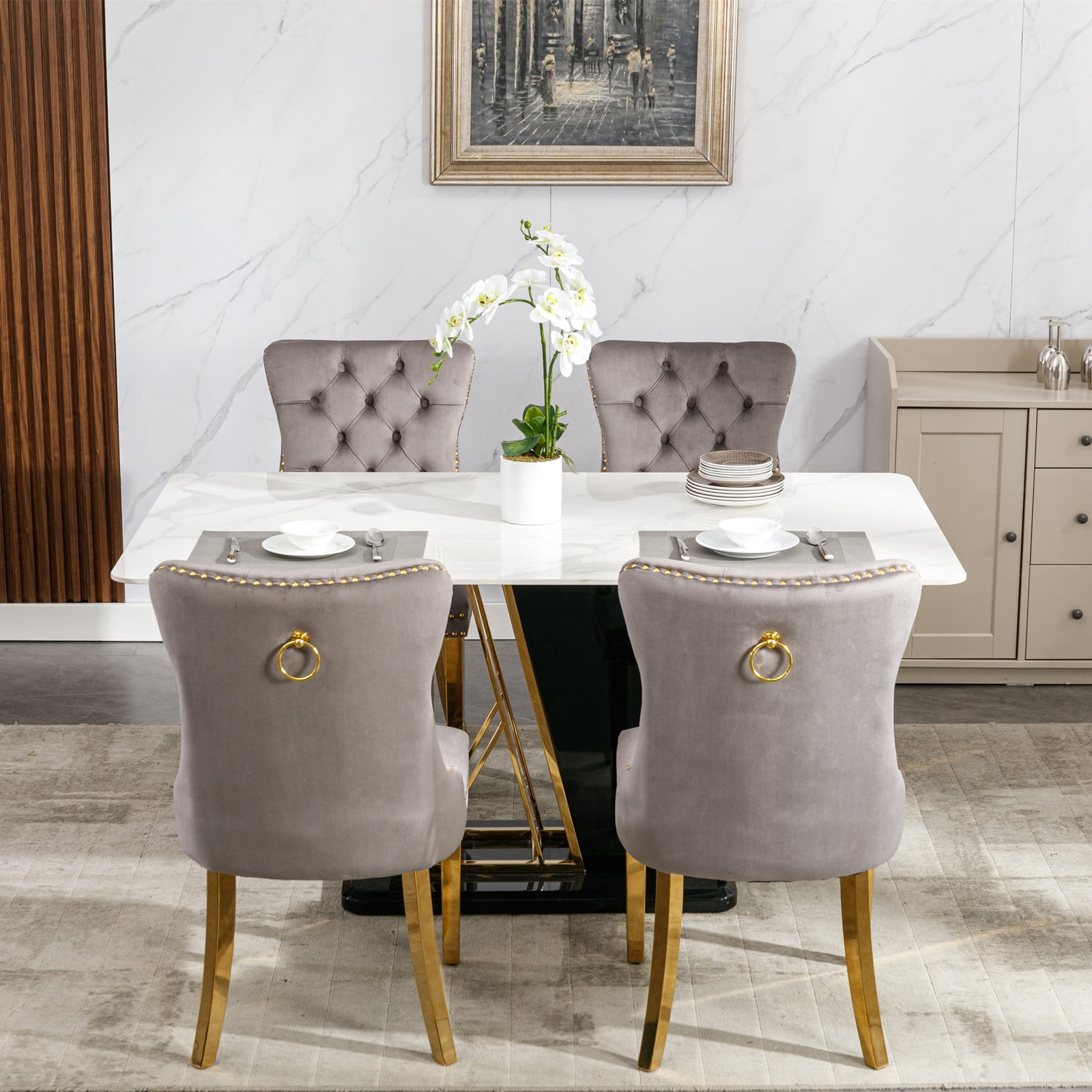 Gewnee Set of 2 Modern Velvet Tufted High Back Dining Chairs,Upholstered Armless Side Chairs with Metal Legs & Nailhead Trim for Kitchen Dining Room,Gray
