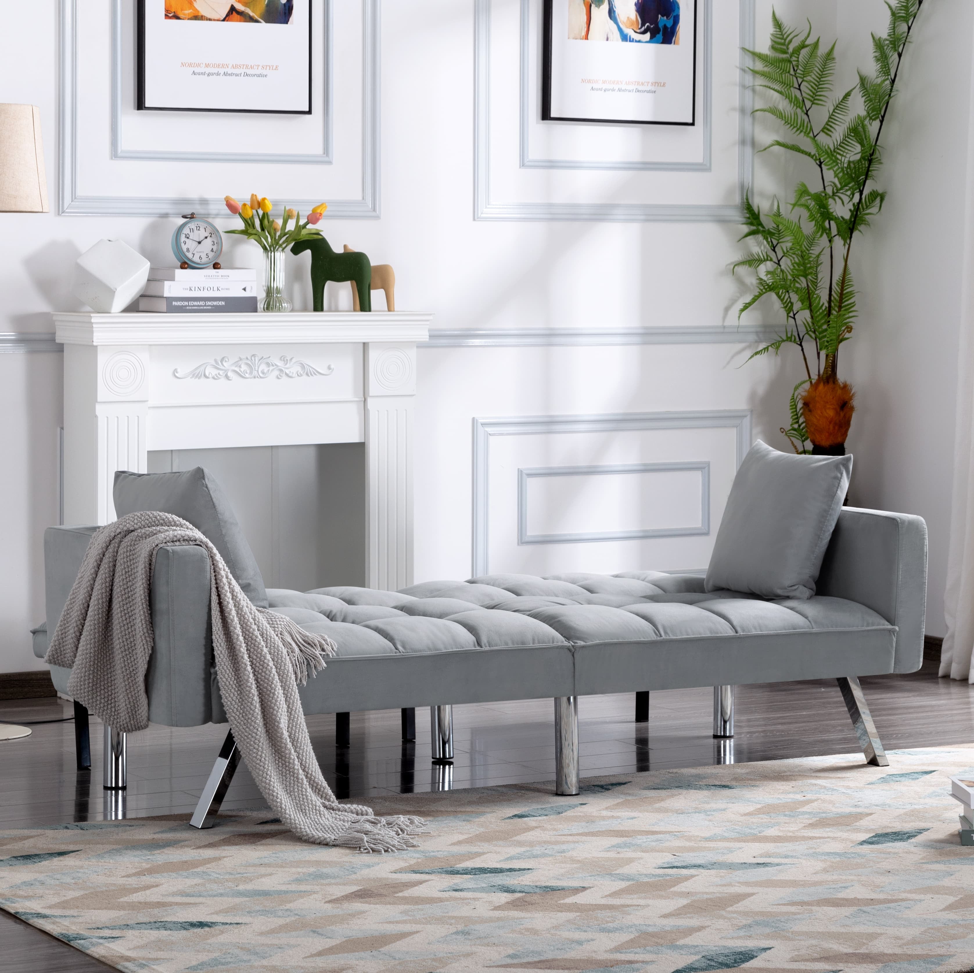 BSHTI Square-tufted Futon Sofa Bed,Twin Size,Light Gray Velvet Fabric Sleeper Sofa,3 Angles for Adjusting Sleeper Sofa,for Home,Office,and Guest Room