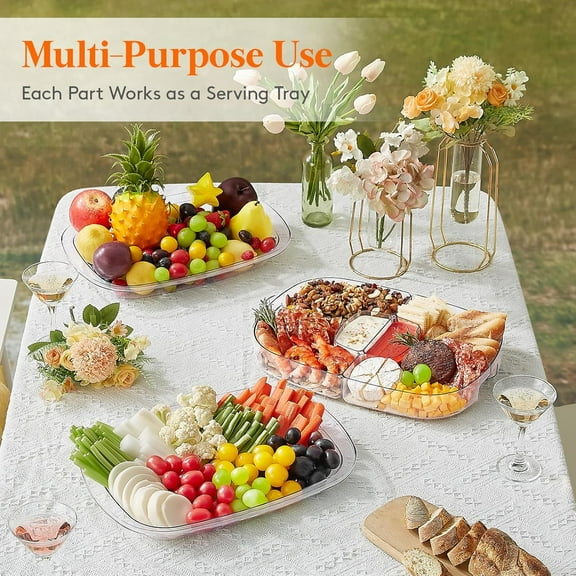 Chilled Serving Tray with Lid, 15" Shrimp Cocktail Platter with 2 Sauce & 4 Food Compartments, Divided Serving Bowl for Party/Buffet