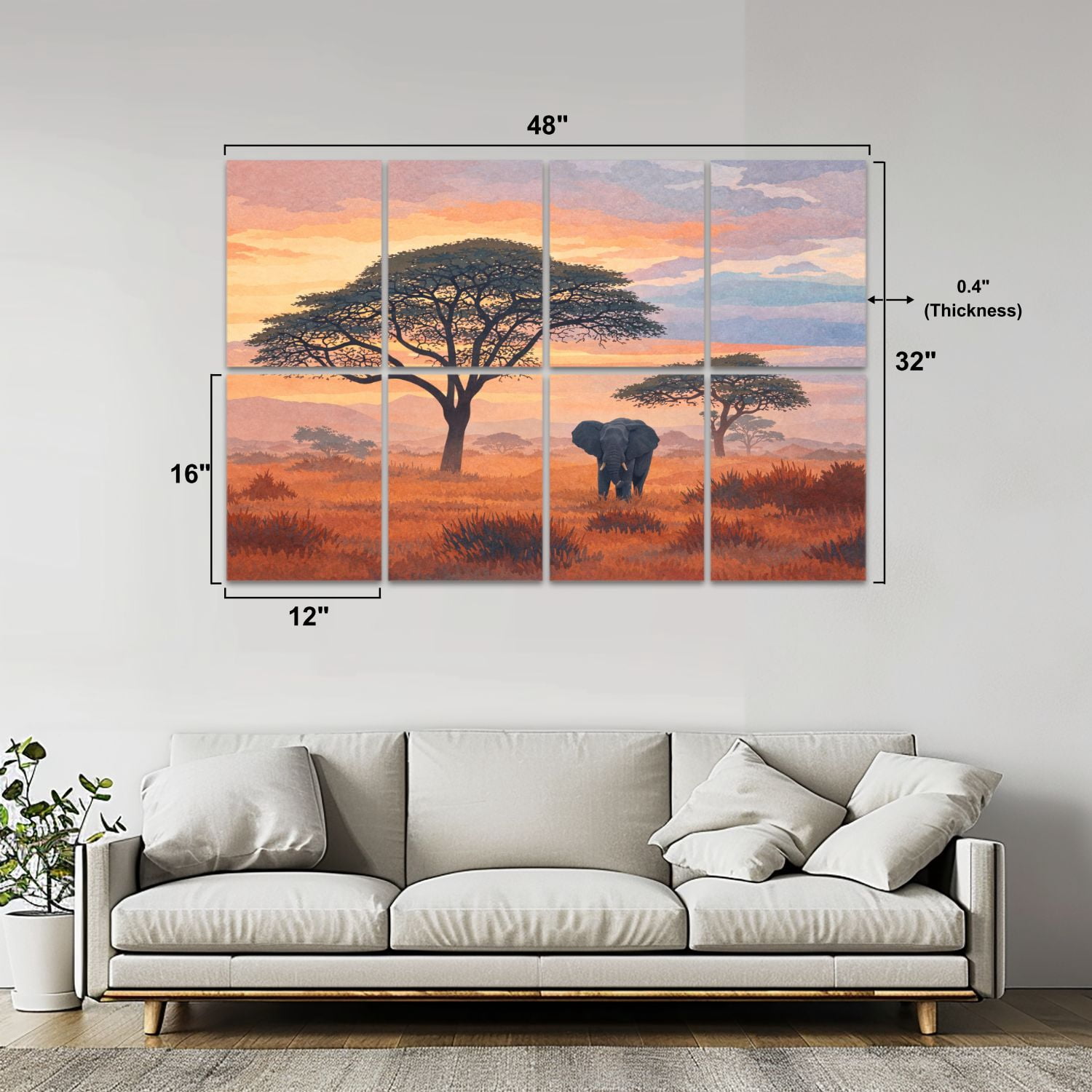 8 Pack Art Acoustic Panels Sound Absorbing Wild African elephant savannah National Park Wildlife Decorative Soundproof Wall Panels Self Adhesive for Nursery Game Room Bedroom 48"x32"