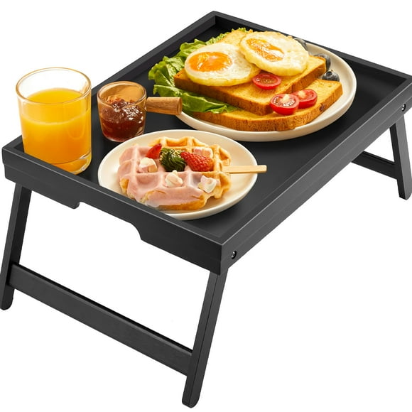 Bed Tray Table with Folding Legs Wooden Serving Breakfast in Bed or Use As a Platter Tray by Pipishell (Black)