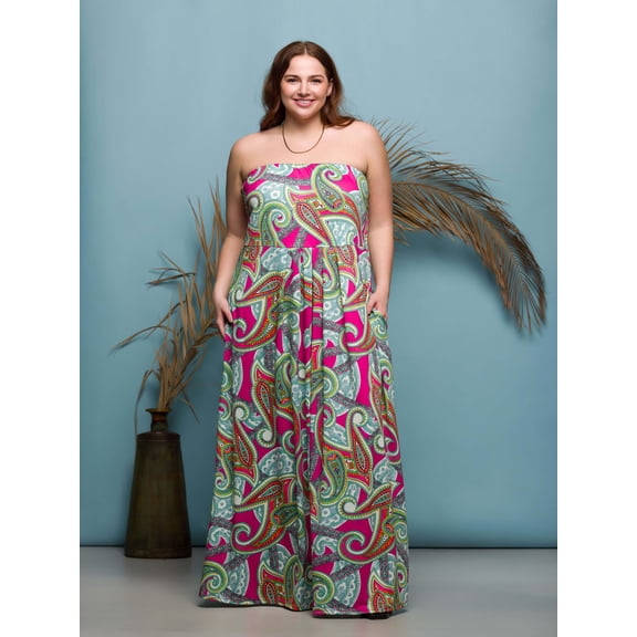 Plus Size Paisley Strapless Pocket Maxi Dress