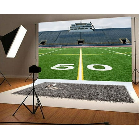 Image of HelloDecor 7x5ft Backdrop Fifty Yard Line with Bleachers Photography Background American Football Field with Empty Bleachers Stands Background Yellow
