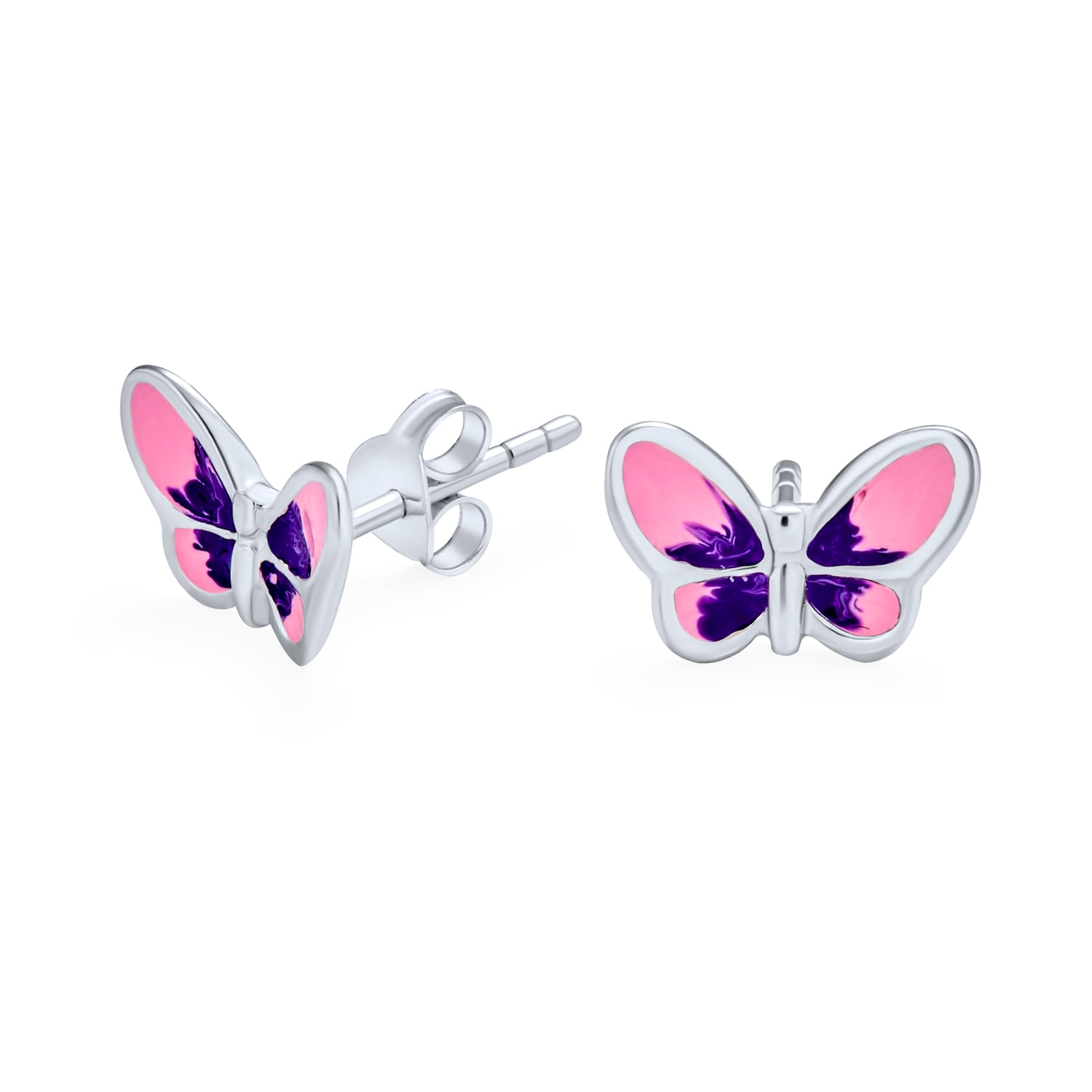 925 Sterling Silver Butterfly Open Pink Glitter Sparkle Kids Girls Stud Earrings 