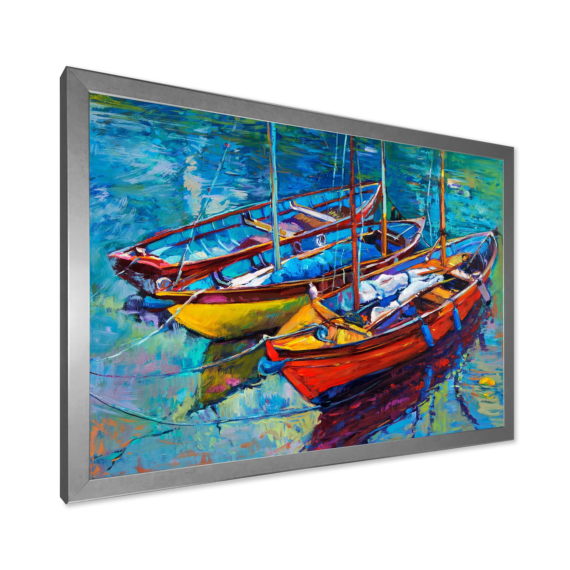 Designart 'Three Colorful Boats In The Harbor' Nautical & Coastal Framed Art Print