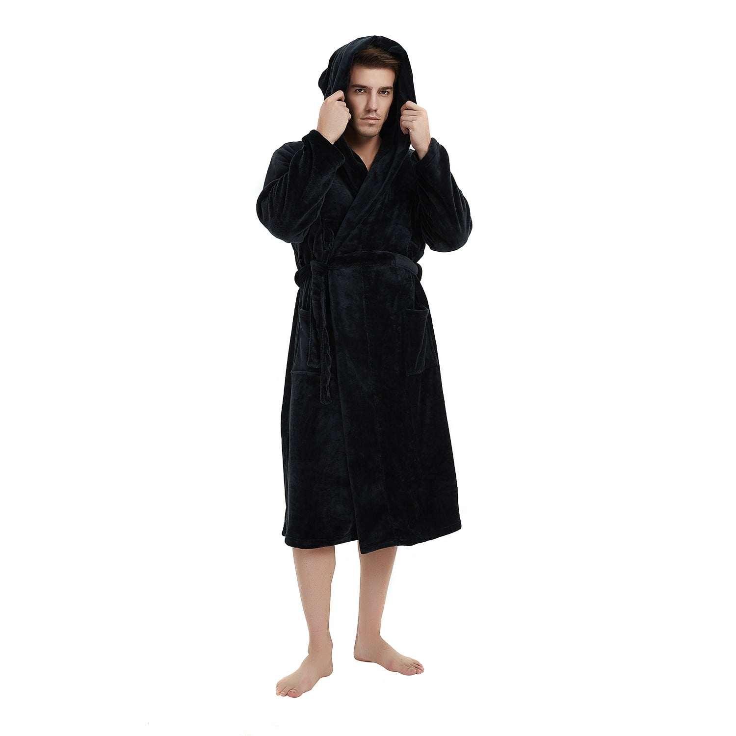U2SKIIN Mens Hooded Robe, Plush Soft Warm Mid Length Fleece Bathrobe for Men (Black Hooded,SM