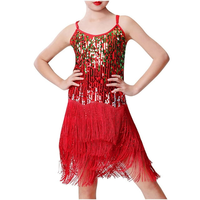 Odeerbi Vestido de Baile Latino Con Lentejuelas Para Niña Rendimiento En Escena Trajes de Verano Vestido de Algodón Con Flecos Vestido Sin Mangas Con Camisola Traje de Baile Con Borlas
