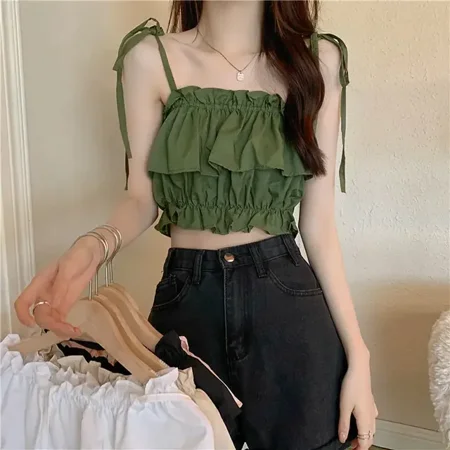 Womens 2023 New Summer Tank Top with Ruffle Edge Strap Top High Waist Sleeveless Bra and Open Umbilical Top