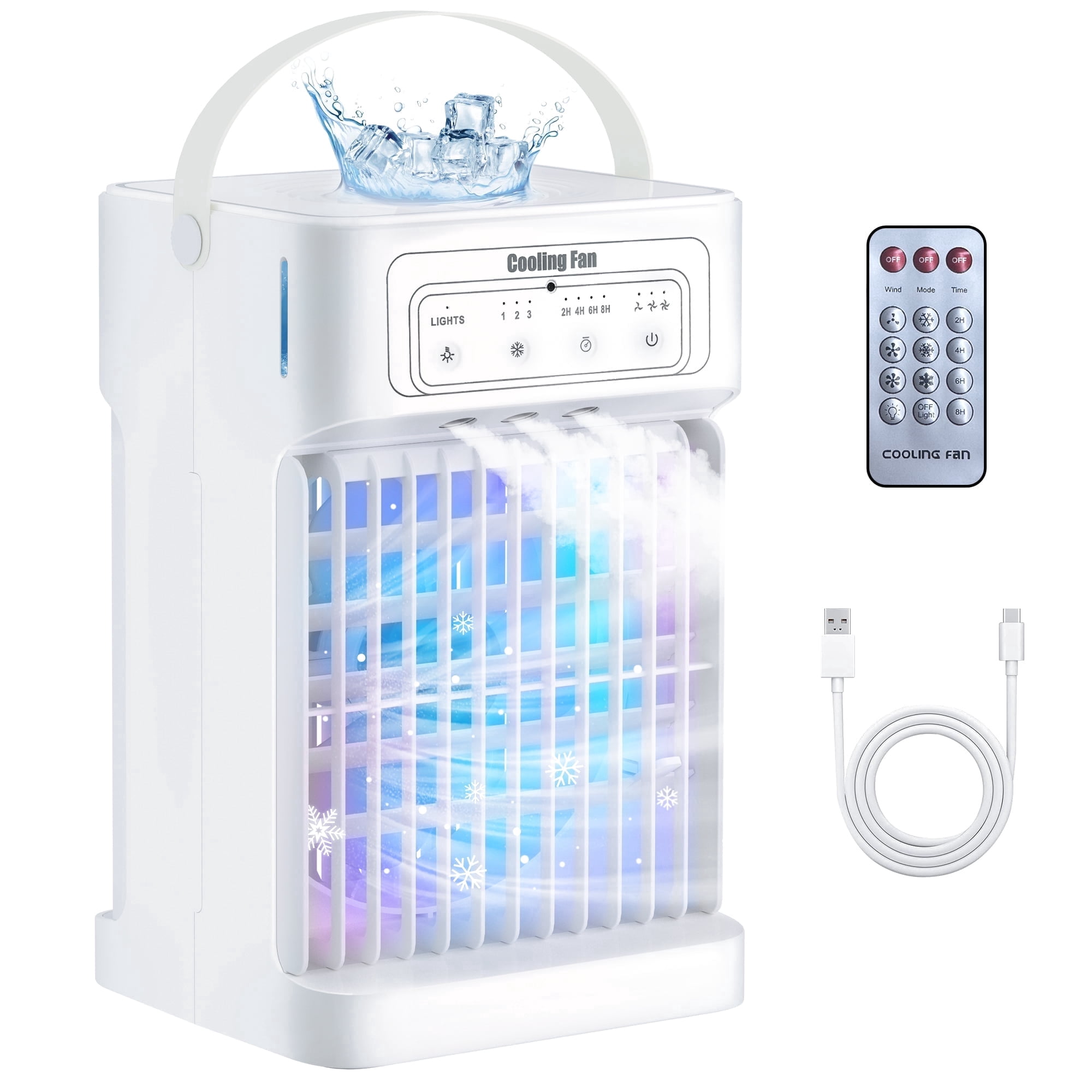 Portable Evaporative Air Cooler with Remote, 3 Speed 3 Mist, 7 Color Light 2-8H Timer Desktop Cooling Fan（white）