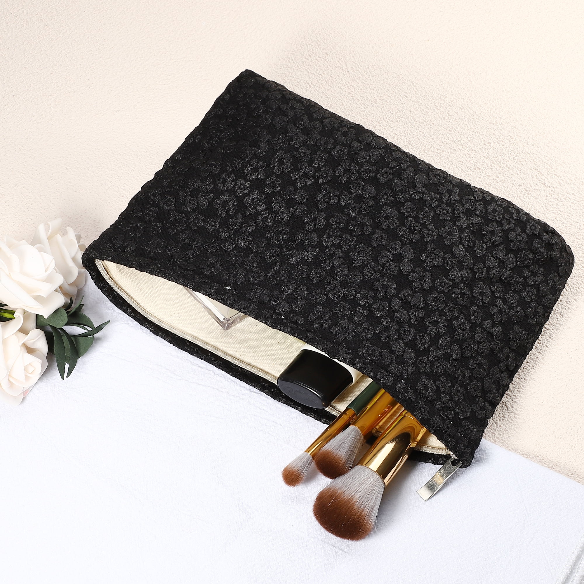 Unique Bargains Flower Cosmetic Bags Zipper Large Capacity Makeup Pouch Lipsticks Black