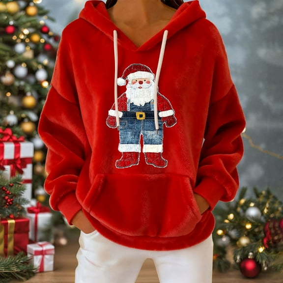 Fewfanhot Sweatshirt for Women Funny Santa Claus Graphic Hoodie Trendy Warm Fuzzy Fleece Pullover Hoodie