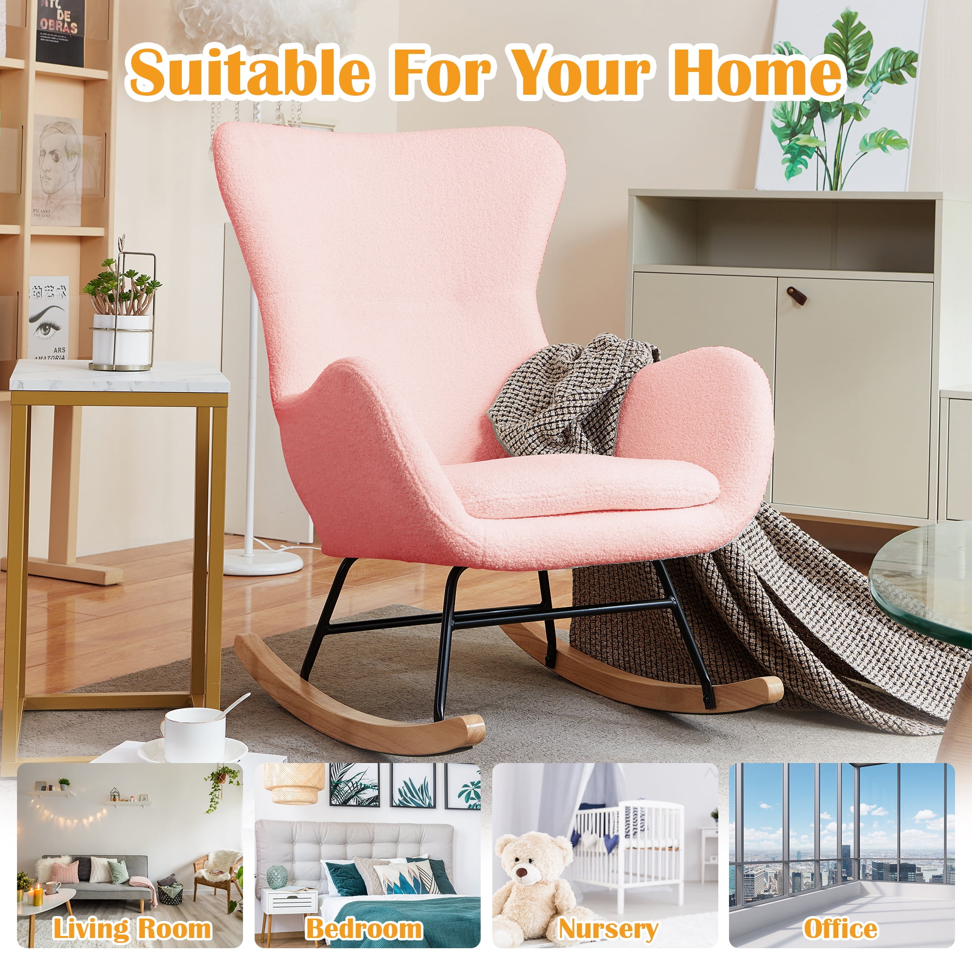 Prilinex Rocking Chair, Nursery Rocking Chair with Upholstered for Living Room Reading Room, Teddy Fabric, Pink