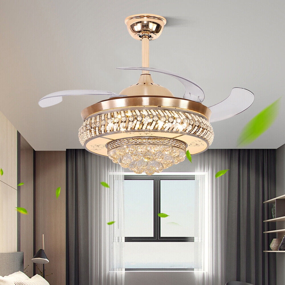 42in Modern Crystal LED Ceiling Fan 4 Blades Invisible Fan Lamp W
