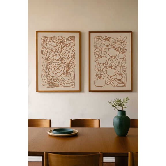 UNFFRAMED Neutral Floral Citrus Poster Set, Minimalist Kitchen Botanical Art Set 2 Prints 8x12
