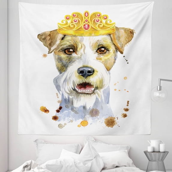 Airedale Tapestry, Watercolor Portrait of Royal Terrier with Crown, Fabric Wall Hanging Decor for Bedroom Living Room Dorm, 5 Sizes, White Multicolor, by Ambesonne
