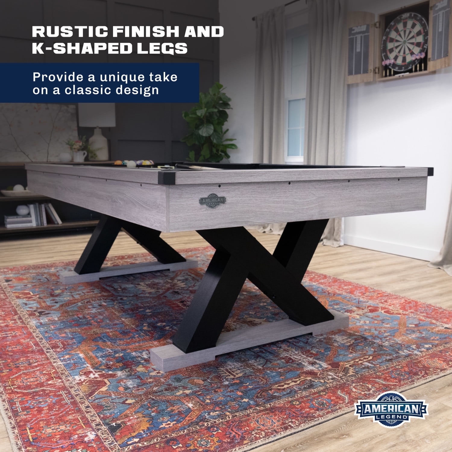 American Legend Kirkwood 90 Billiard Table with Rustic Finish, K-Shaped Legs and Black Cloth