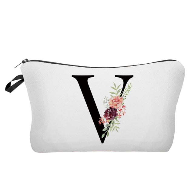 Yhmxh Bolsa de maquillaje con letras y flores, bolsa de cosméticos con letras y alfabeto, bolsa de maquillaje con iniciales, regalo de cumpleaños para mujeres, mamás, amigas, novias, damas de honor.
