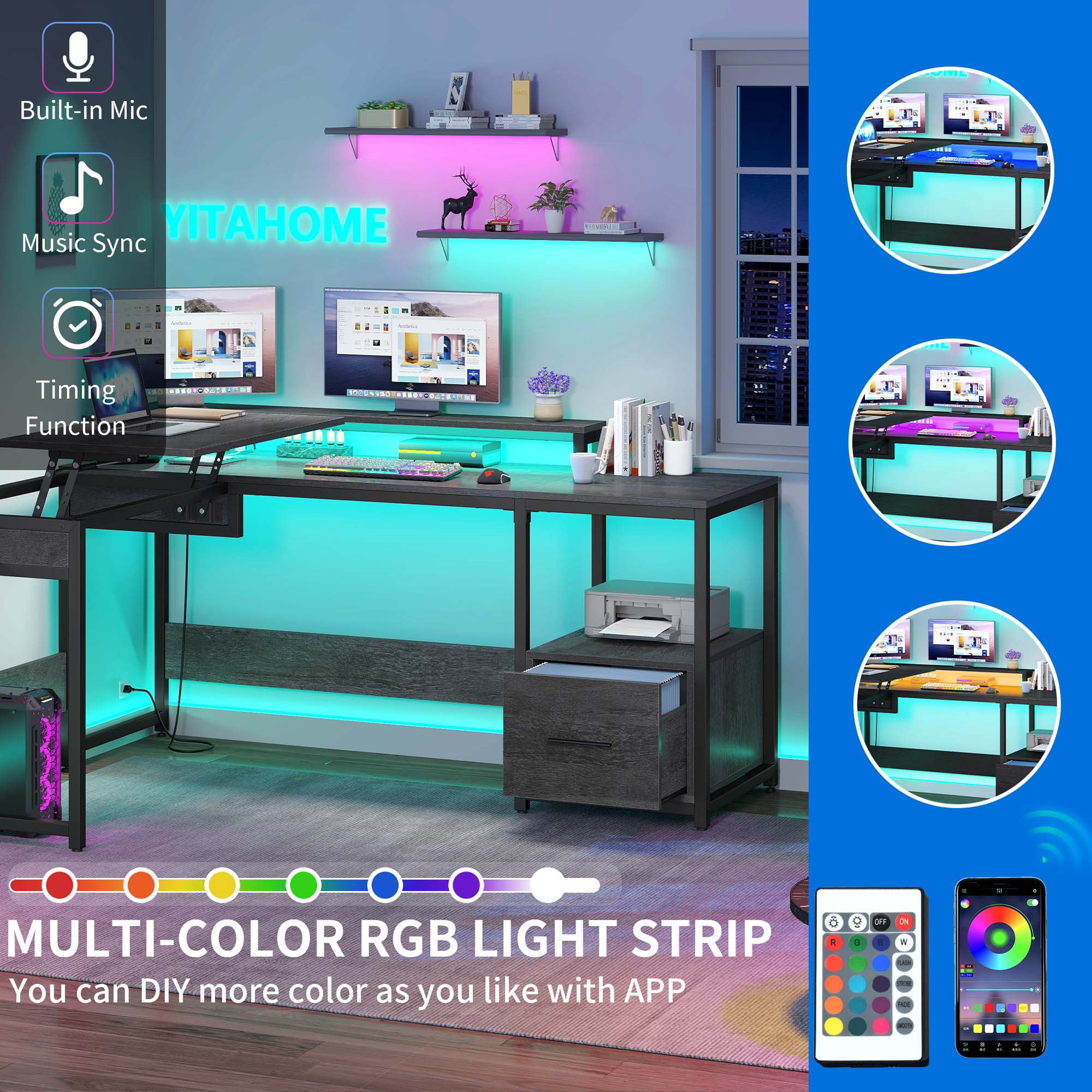 Dextrus L Shaped Desk with File Drawer Lift Top, Computer Desk with Power Outlets LED Lights, Height Adjustable Corner Desk Game Desk, Gray