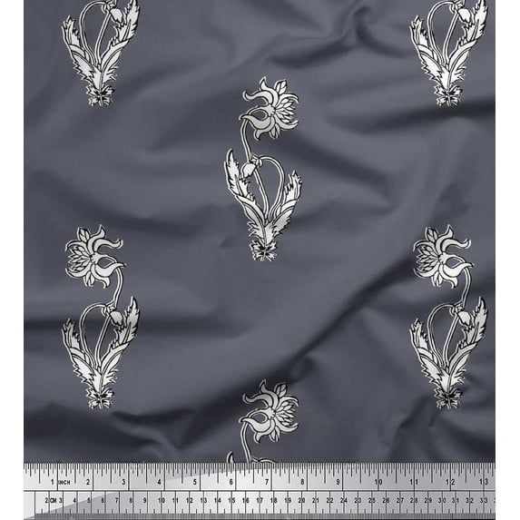 Soimoi Japan Crepe Satin Fabric Leaves & Floral Block Printed Craft Fabric by The Yard 42 Inch Wide