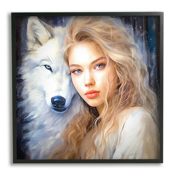 Stupell Industries Woman with White Wolf Animals & Insects Painting Black Framed Art Print Wall Art, 12 x 12