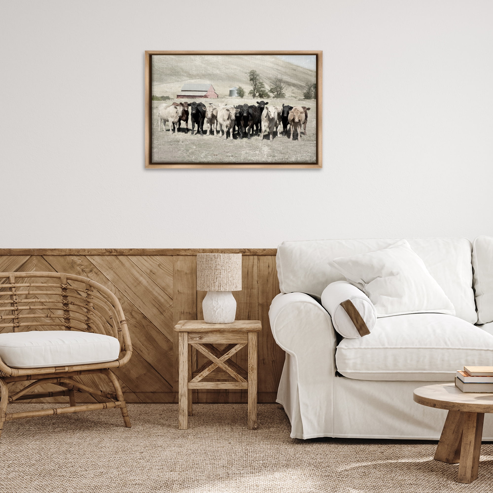Stupell Industries Varied Cattle on Farm Landscape Painting Brown Floater Framed Canvas Art Print Wall Art, 31 x 21