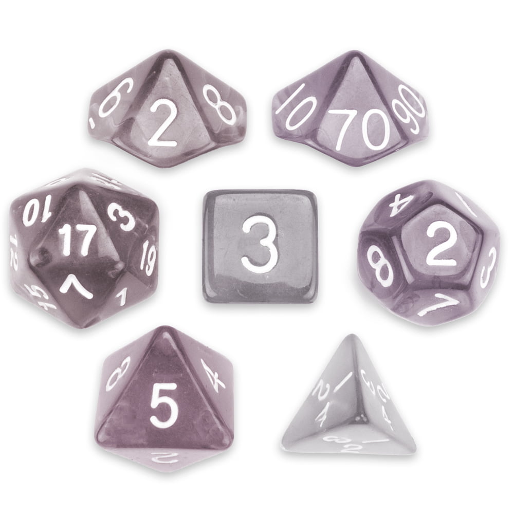 Game RPG D&D Drowskin Gray White 7 Dice Polyhedral Set in Velvet Pouch 