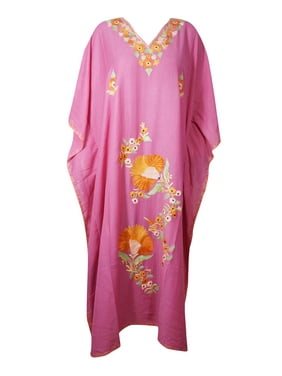 Mogul Women Embellished Maxi Dress, Floral Pink Caftan Maxi dress, Plus Size Bohemian Cotton Dress, Long Summer Dress 4XL
