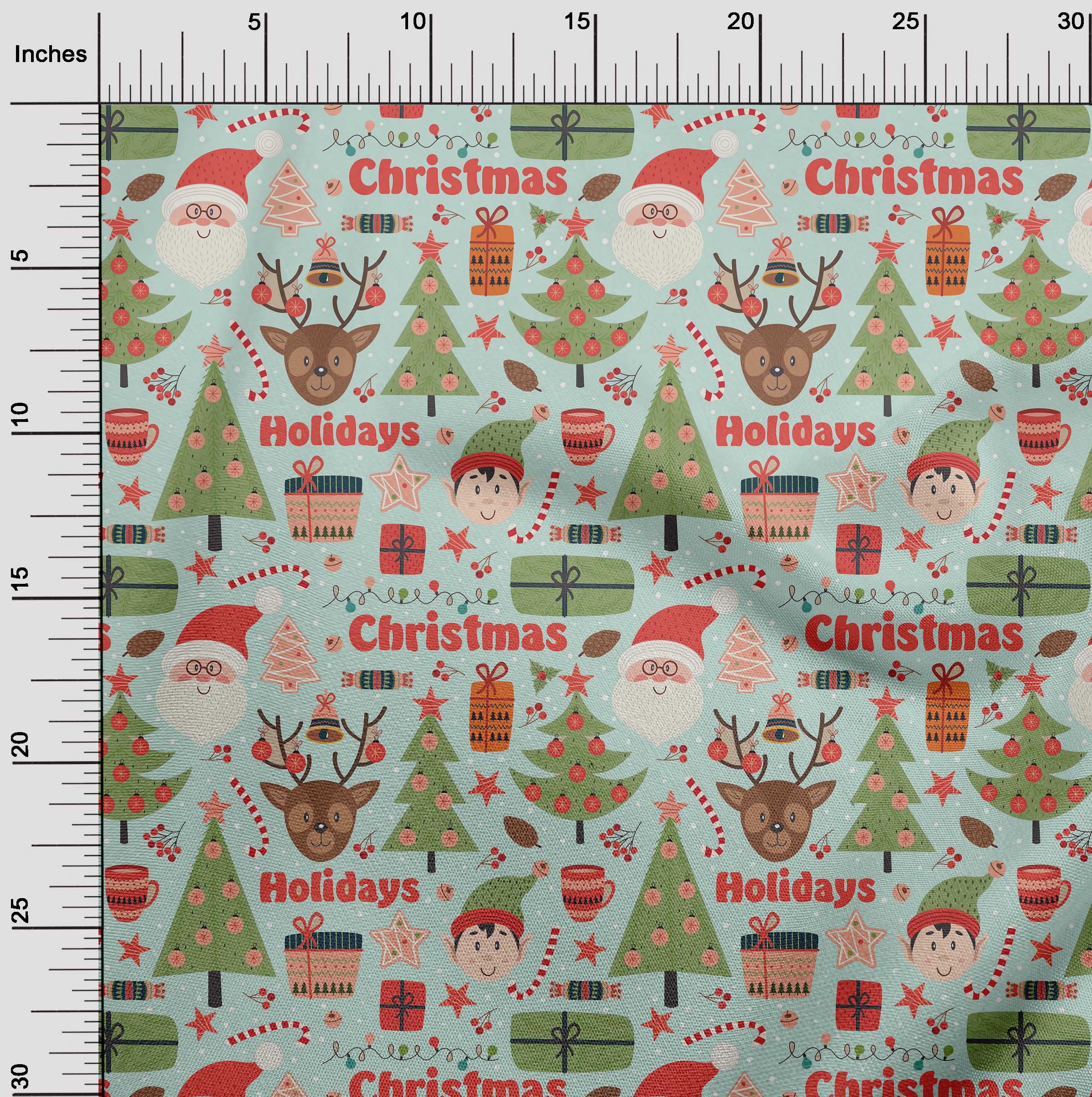 oneOone Cotton Poplin Light Mint Green Fabric Santa|Gift Box & Tree Christmas Quilting Supplies Print Sewing Fabric By The Yard 56 Inch Wide