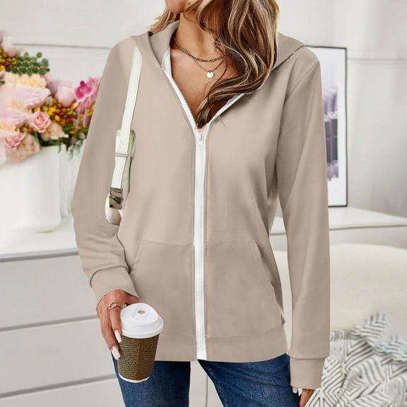 Dasayo Full Zip up Women's Sweatshirts for Women Beige Hooded Long Sleeve Solid Pocket Jackets Women Blouses L