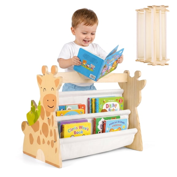 Double-Sided Toddler Bookshelf with 4 Tier Deep Sleeves, Cute Deer Pattern Wooden Kids Montessori Book Rack, Beige
