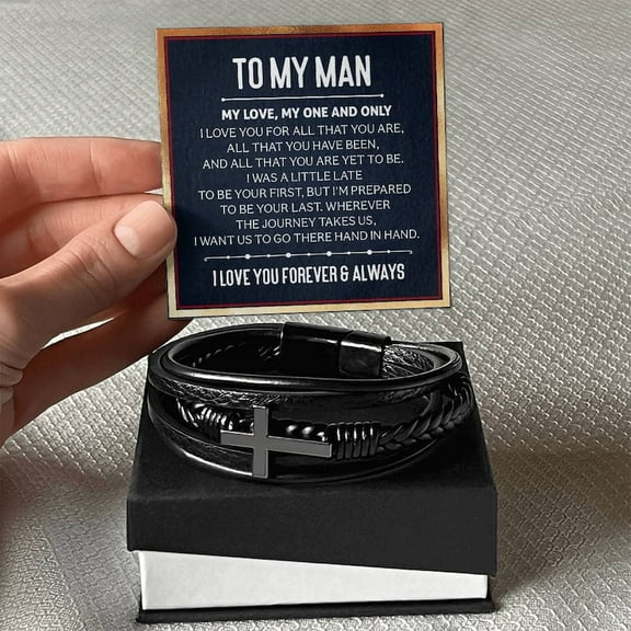 Mens Cross Leather Bracelet Gift For Boyfriend On Birthday Anniversary Christmas Present Keepsakes Message Card Jewelry For Him
