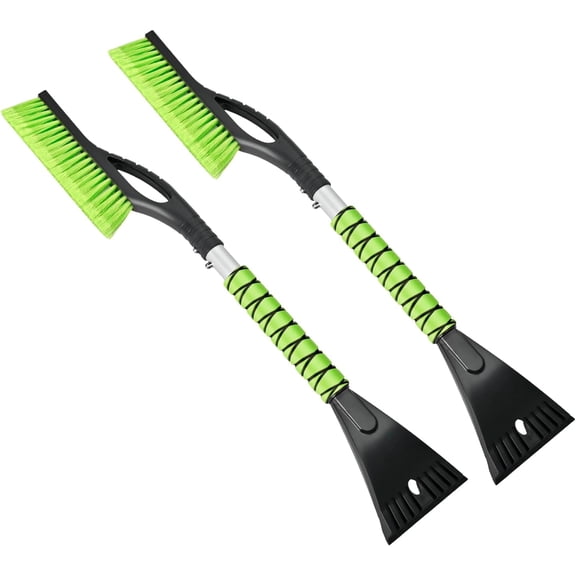 27" Snow Brush and Ice Scraper 2-Pack, Green - Scratch-Free PVC Bristles & Aluminum Body with Foam Grip, Winter Snow Removal Kit for Car Windshield