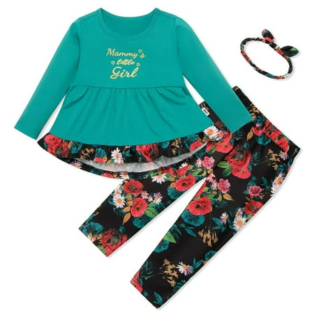

Synpos Baby Girls Clothes Ruffle Floral Top Dress + Pants+ Headband 3Pcs Outfits Set