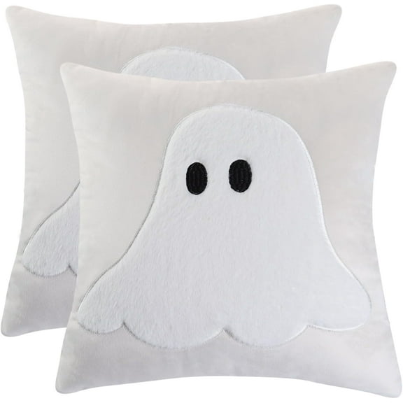 Halloween Throw Pillow Covers Tosleo 18x18 Set of 2 White Ghost Embroidered Pillow Cases Holiday Velvet Cushion Covers for Couch Sofa Bed